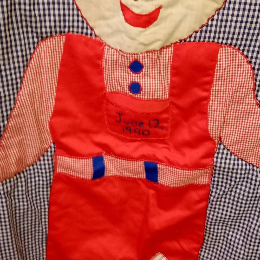 VINTAGE Handcrafted Quilt Child Boy Fishing, Blue, Red & White Checkered 53x44